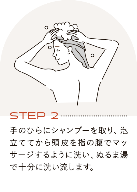 STEP2　手のひらにシャンプーを取り、泡立ててから頭皮を指の腹でマッサージするように洗い、ぬるま湯で十分に洗い流します。