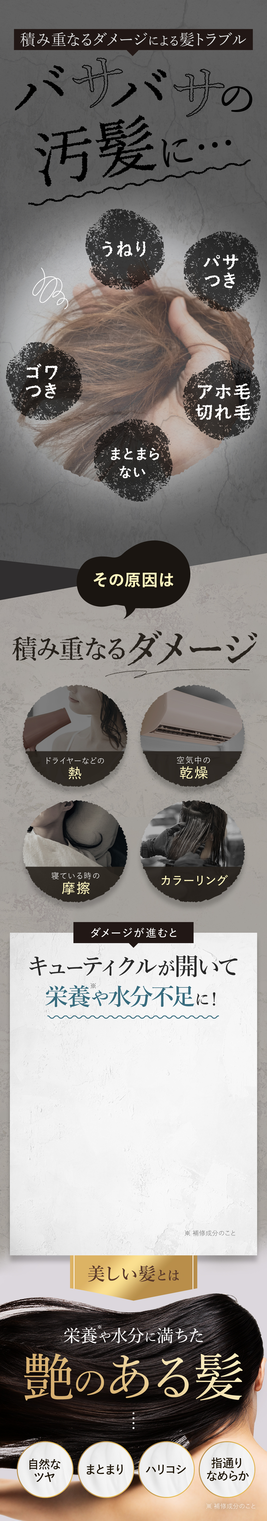 髪トラブル うねり パサつき アホ毛 切れ毛 まとまらない ゴワつき