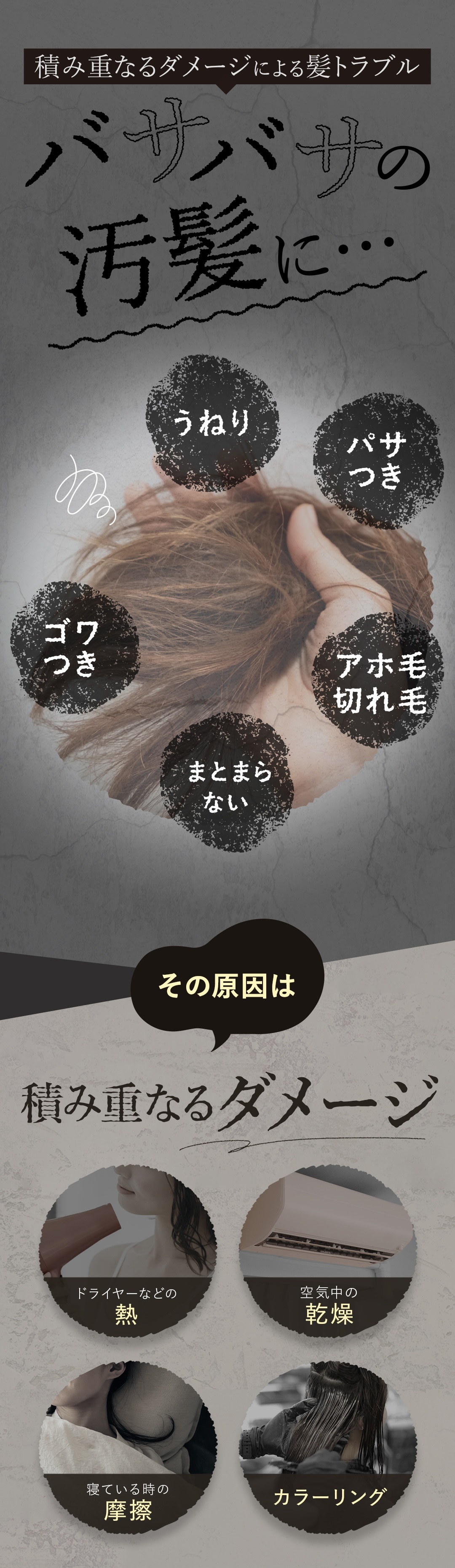 髪トラブル うねり パサつき アホ毛 切れ毛 まとまらない ゴワつき