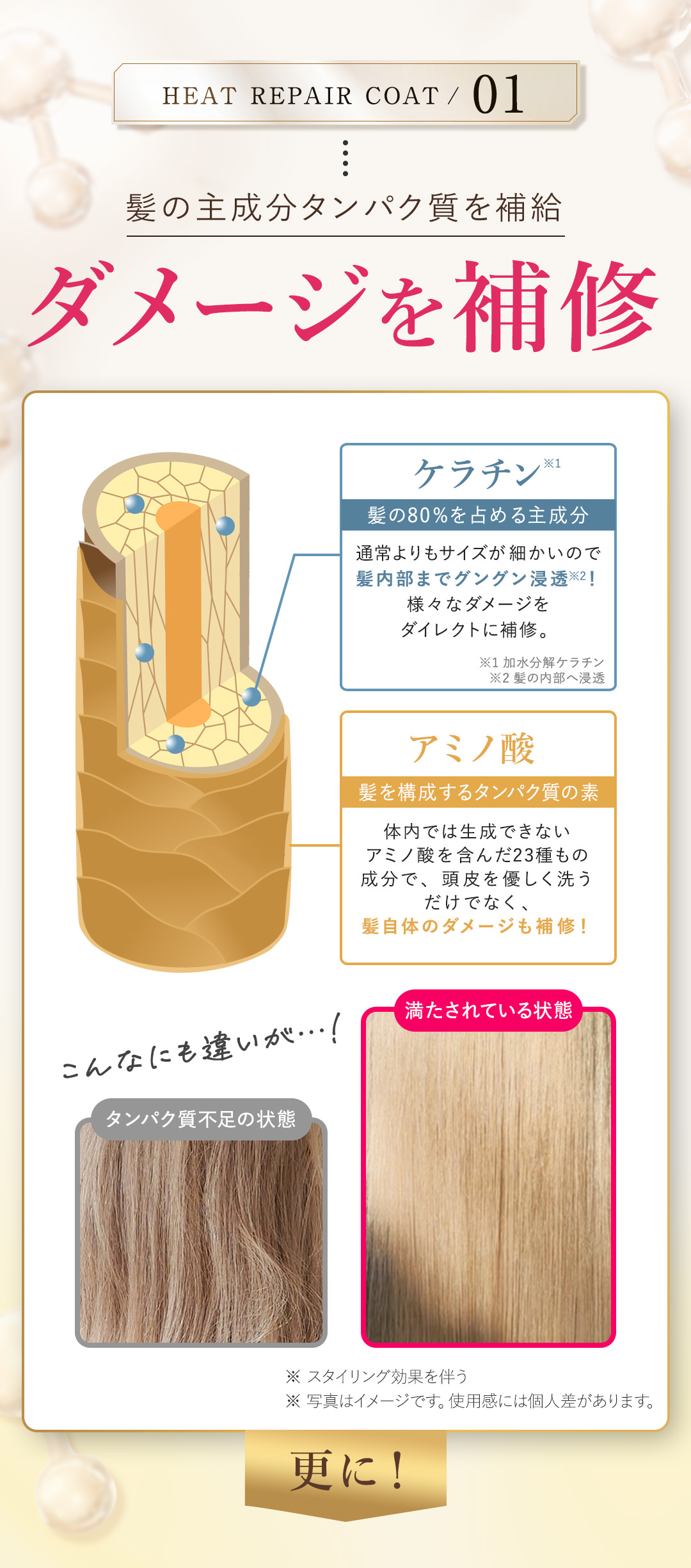HEAT REPAIR COAT 01 髪の主成分タンパク質を補給 ダメージを補修 ケラチンとアミノ酸が髪内部まで浸透 タンパク質不足の髪と満たされた髪の比較画像