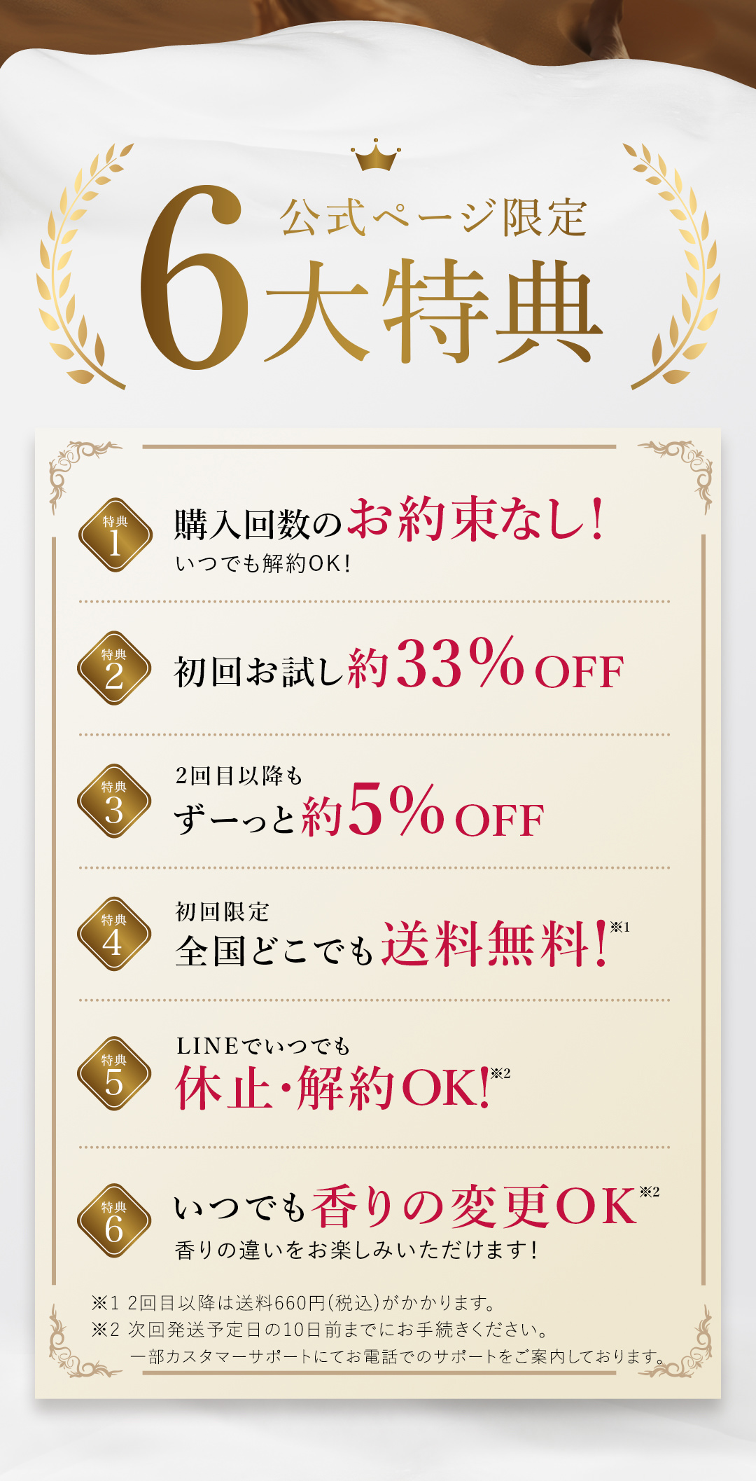 公式ページ限定6大特典 購入回数のお約束なし 初回約33％OFF 2回目以降ずっと約5％OFF 初回送料無料 LINEで休止解約OK いつでも香りの変更OK