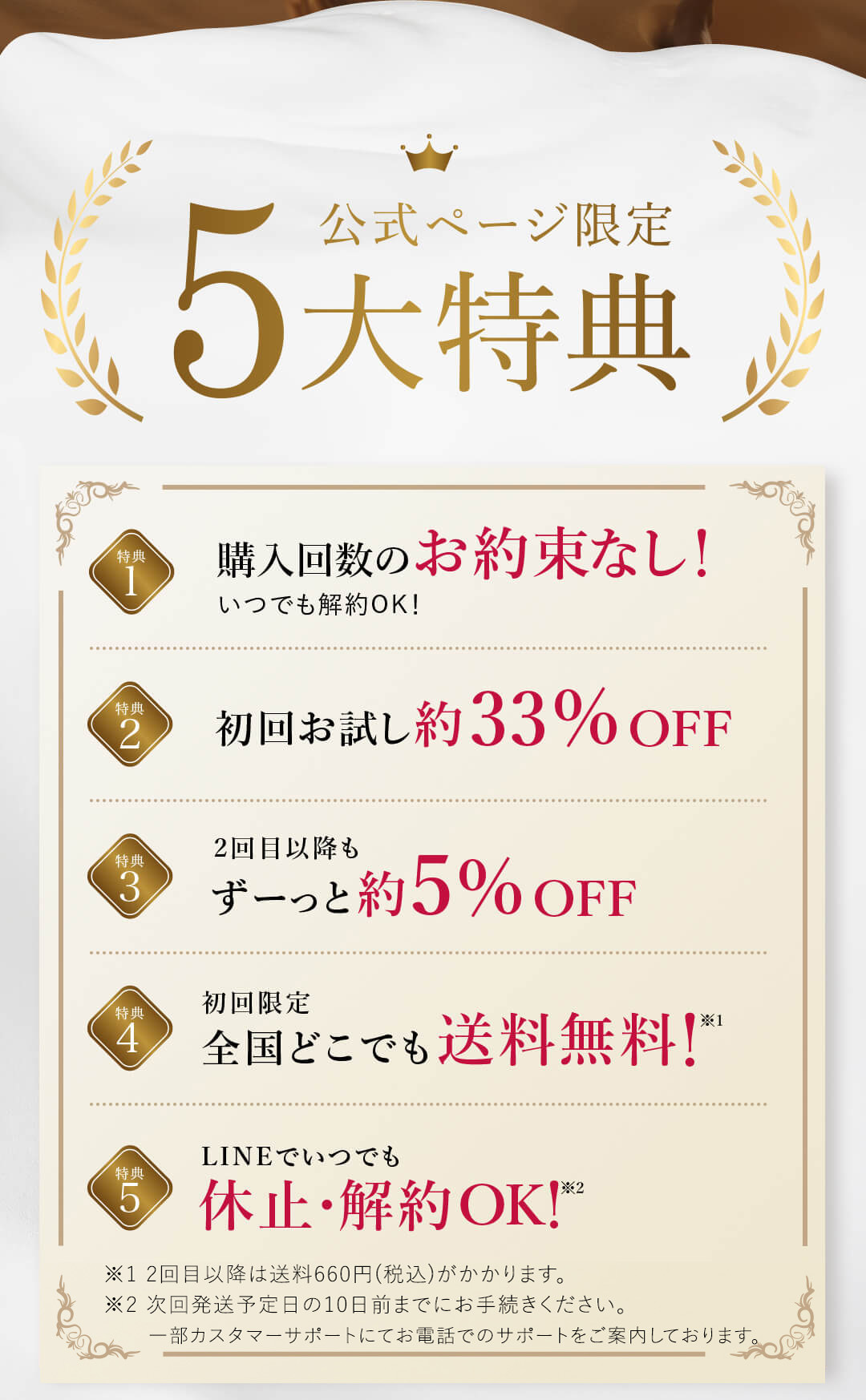 ５大特典 購入回数のお約束無し 初回お試し約33% OFF ２回目以降も約5% OFF 送料無料 LINEでいつでも休止・解約OK