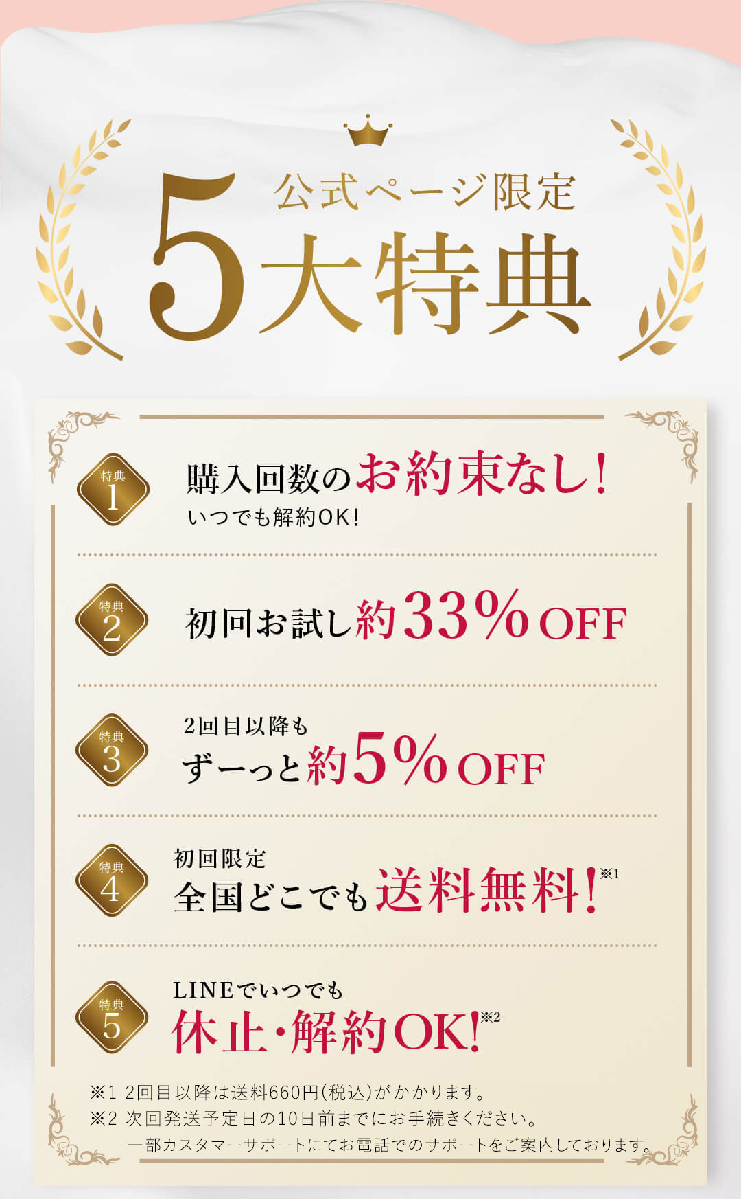 ５大特典 購入回数のお約束無し 初回お試し約33% OFF ２回目以降も約5% OFF 送料無料 LINEでいつでも休止・解約OK