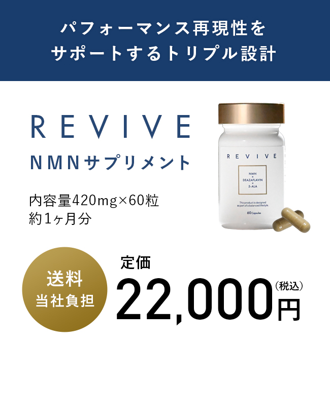 パフォーマンス再現性をサポートするトリプル設計 REVIVE NMNサプリメント 内容量420mg x 60粒 約1ヵ月分 送料当社負担 定価22,000円(税込)