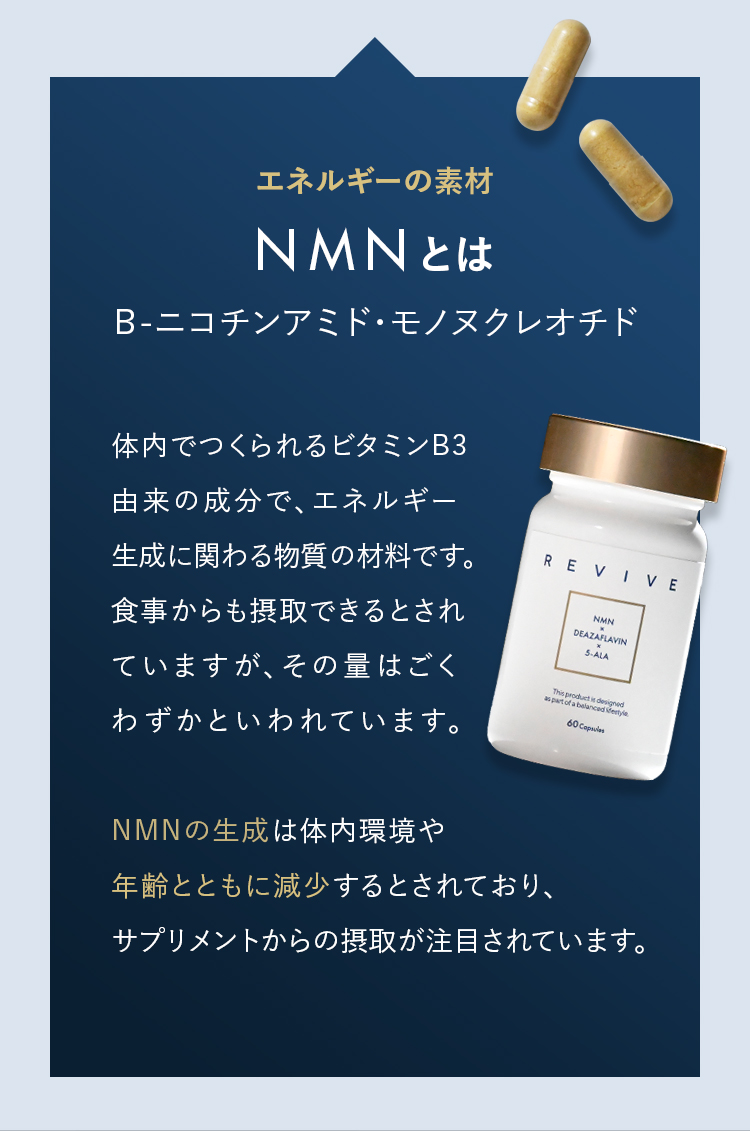 エネルギーの素材NMNとはB-ニコチンアミド・モノヌクレオチド 体内でつくられるビタミンB3由来の成分で、エネルギー生成に関わる物質の材料です。食事からも摂取できるとされていますが、その量はごくわずかといわれています。 NMNの生成は体内環境や年齢とともに減少するとされており、サプリメントからの摂取が注目されています。