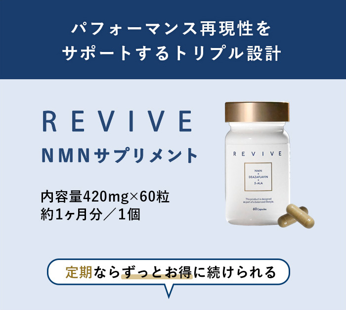 パフォーマンス再現性をサポートするトリプル設計 REVIVE NMNサプリメント 定期ならずっとおトクに続けられる
