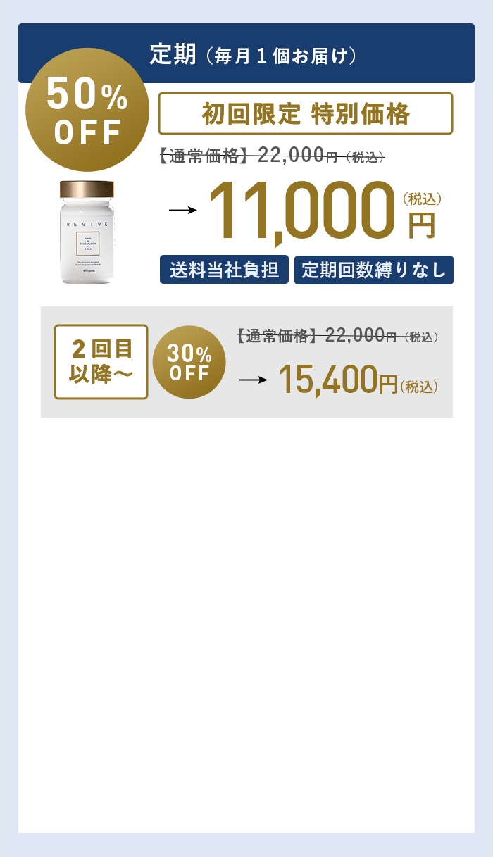 定期(毎月1個お届け) 初回限定特別価格 【通常価格22,000円(税込) 50％OFF 11,000円(税込) 送料当社負担 定期回数縛りなし 2回目以降～【通常価格22,000円(税込) 30％OFF 15,400円(税込)