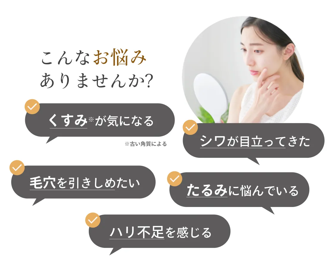 くすみ、シワ、ハリ艶、乾燥、敏感などの悩み