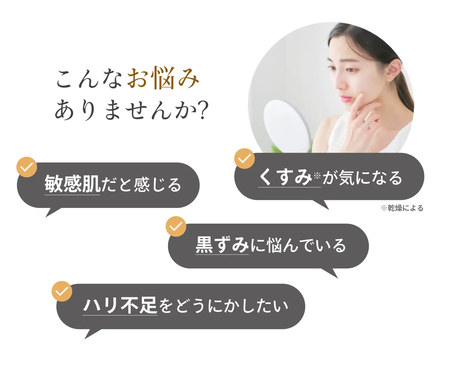 シミ・くすみ、敏感肌、毛穴の黒ずみ、ハリ不足などの悩み