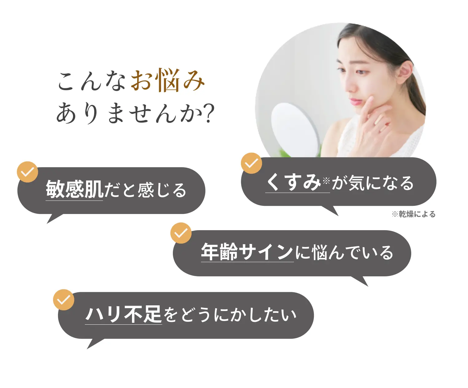 シミ・くすみ、敏感肌、毛穴の黒ずみ、ハリ不足などの悩み
