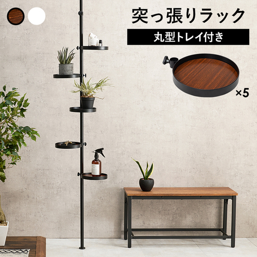 【2色展開】幅43cm 突っ張り棒ラック 突っ張り棒＋丸型トレイ×5の6点セット ブラウン×ブラックorホワイト×ホワイト