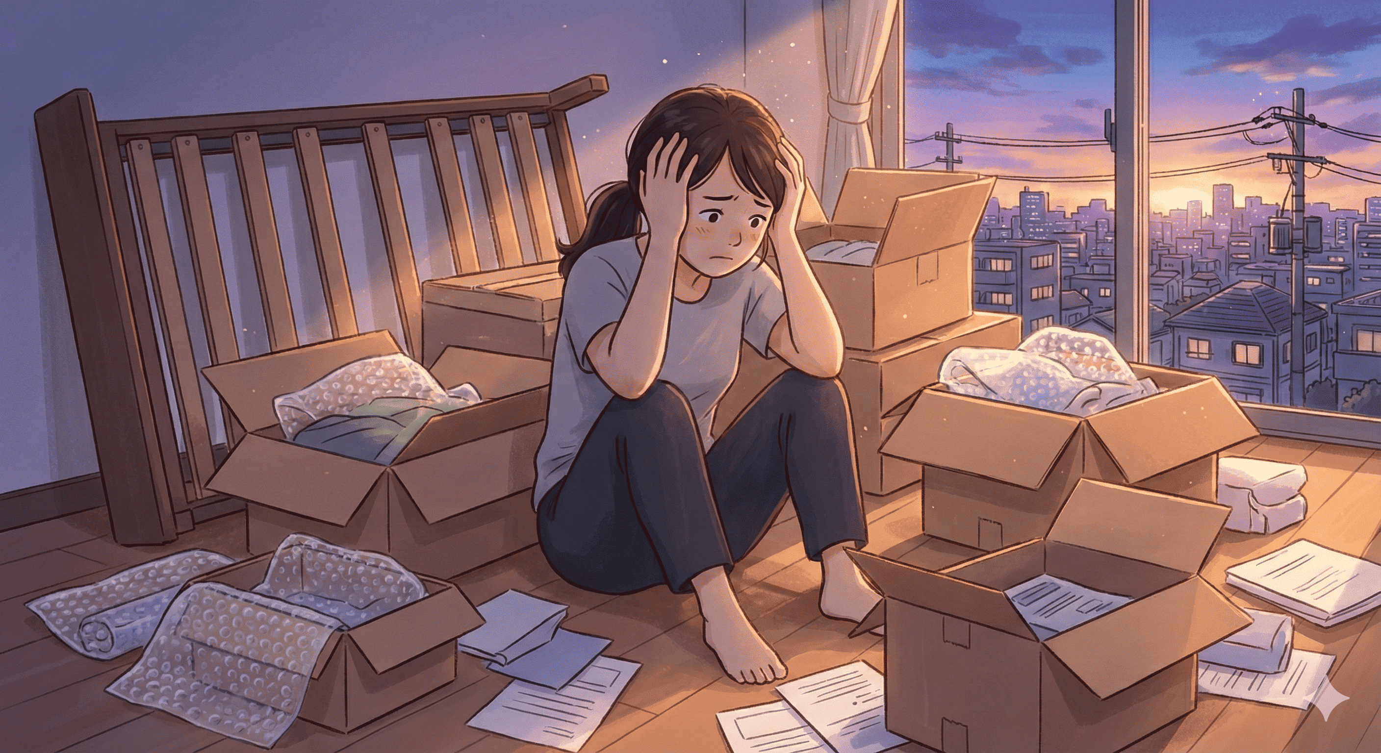 引越しの手続きと不用品の処分に頭を抱える様子