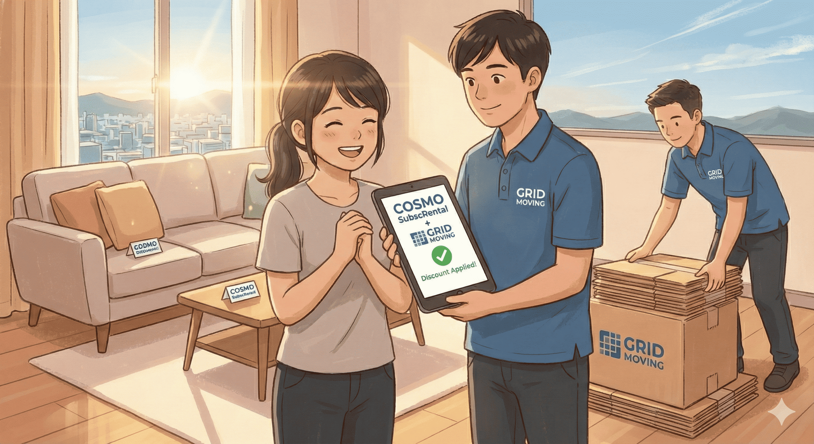 スタッフと笑顔で引越し作業をする様子