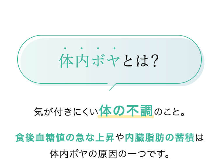 体内ボヤとは？ 気が付きにくい体の不調のこと。 食後血糖値の急な上昇や内臓脂肪の蓄積は体内ボヤの原因の一つです。