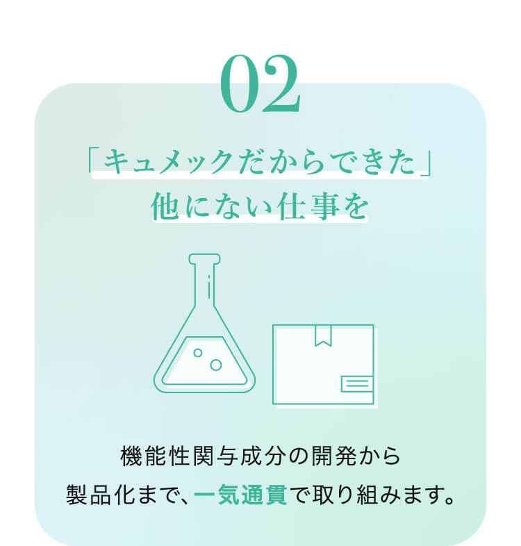 02 ｜キュメックだからできた」他にない仕事を 機能性関与成分の開発から製品化まで、一気通貫で取り組みます。