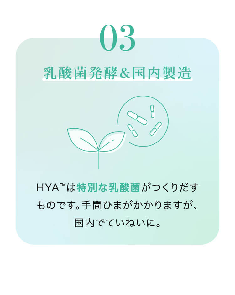 03 乳酸菌発酵&国内製造 HYA™は特別な乳酸菌がつくりだすものです。手間ひまがかかりますが、国内でていねいに。