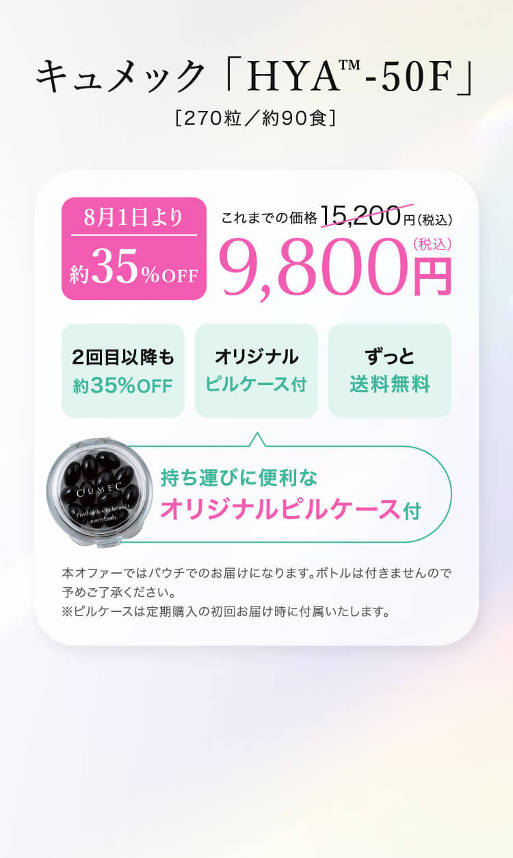 キュメック「HYA™-50F」 ［270粒／約90食］ 定期特別価格 約35%OPF 15,200円（税込）が9,800円（税込）に！ 8月1日より約35%OFF ずっと送料無料 持ち運びに便利なオリジナルピルケース付
                        本オファーではパウチでのお届けになります。ボトルは付きませんので予めご了承ください。 ※ピルケースは定期購入の初回お届け時に付属いたします。