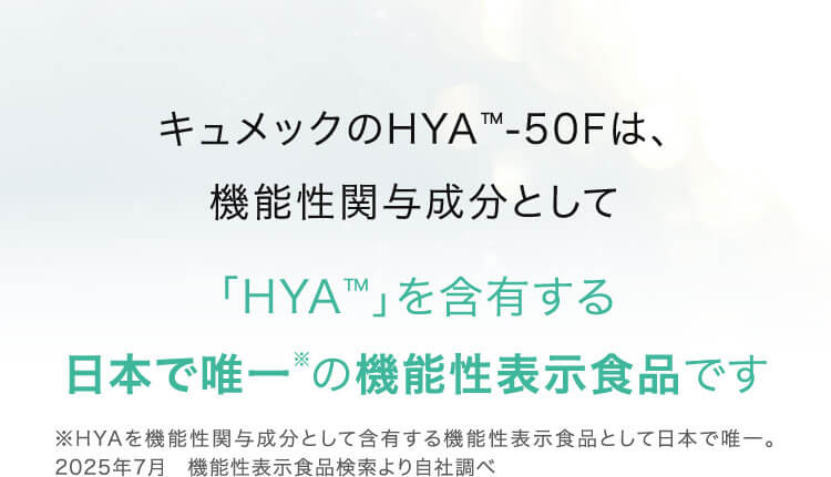 キュメックのHYA™-50Fは、機能性関与成分として「HYA™」を含有する日本で唯一の機能性表示食品です