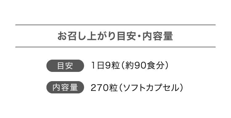 お召し上がり目安・内容量 目安 1日9粒（約90食分）
                        内容量 270粒（ソフトカプセル）