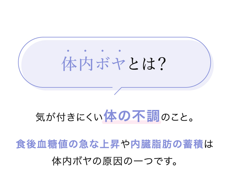体内ボヤとは？ 気が付きにくい体の不調のこと。 食後血糖値の急な上昇や内臓脂肪の蓄積は体内ボヤの原因の一つです。
