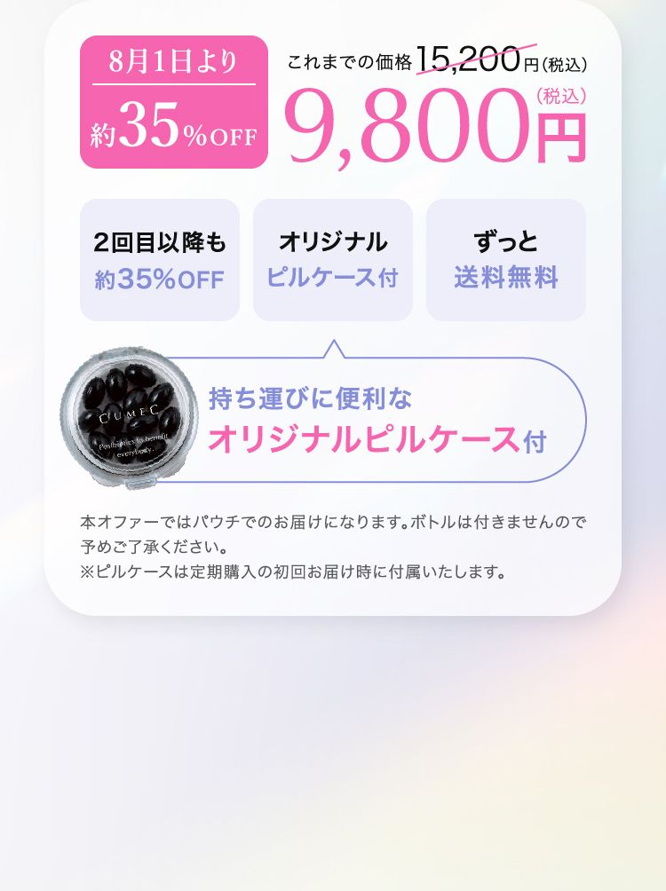 定期特別価格 約35%OPF 15,200円（税込）が9,800円（税込）に！ 8月1日より約35%OFF ずっと送料無料 持ち運びに便利なオリジナルピルケース付
                        本オファーではパウチでのお届けになります。ボトルは付きませんので予めご了承ください。 ※ピルケースは定期購入の初回お届け時に付属いたします。