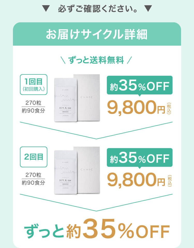 必ずご確認ください。 お届けサイクル詳細 ずっと送料無料 1回目 （初回購入） 270粒の約90食分が約35%OFFの9,800円（税込）。2回目 （初回購入）
                        270粒の約90食分が約35%OFFの9,800円（税込）。 ずっと約35%OFF！