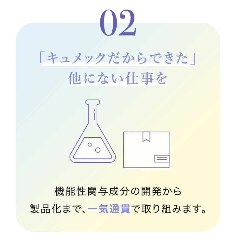 02 ｜キュメックだからできた」他にない仕事を 機能性関与成分の開発から製品化まで、一気通貫で取り組みます。