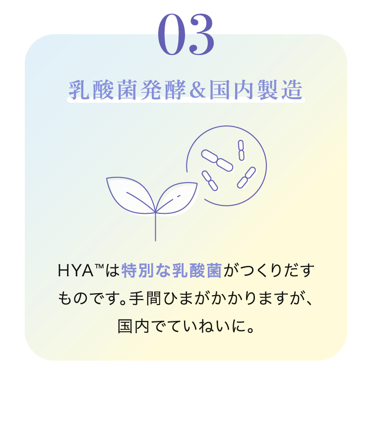 03 乳酸菌発酵&国内製造 HYA™は特別な乳酸菌がつくりだすものです。手間ひまがかかりますが、国内でていねいに。