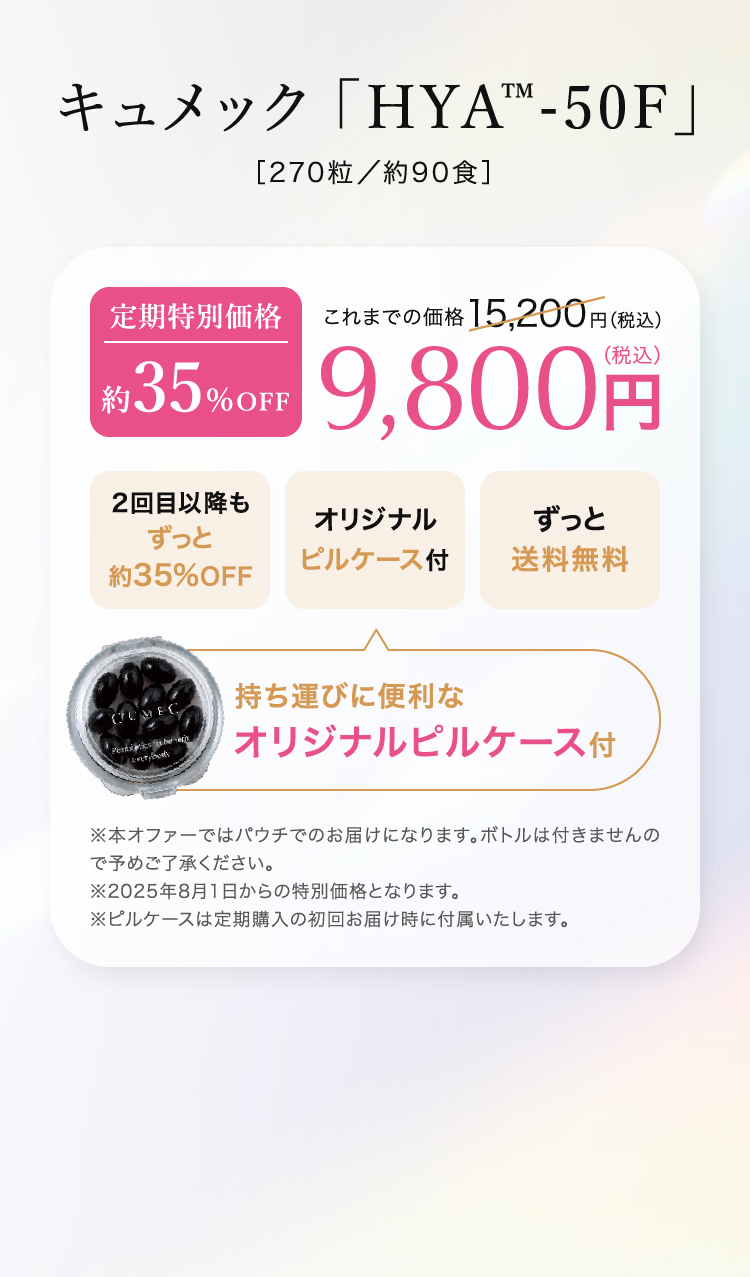 キュメック「HYA™-50F」 ［270粒／約90食］ 定期特別価格 約35%OPF 15,200円（税込）が9,800円（税込）に！ 2回目以降もずっと約35%OFF ずっと送料無料 持ち運びに便利なオリジナルピルケース付
                        本オファーではパウチでのお届けになります。ボトルは付きませんので予めご了承ください。 ※ピルケースは定期購入の初回お届け時に付属いたします。