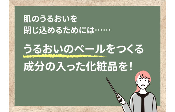 肌のうるおいを閉じ込めるためには……うるおいのベールをつくる成分の入った化粧品を！