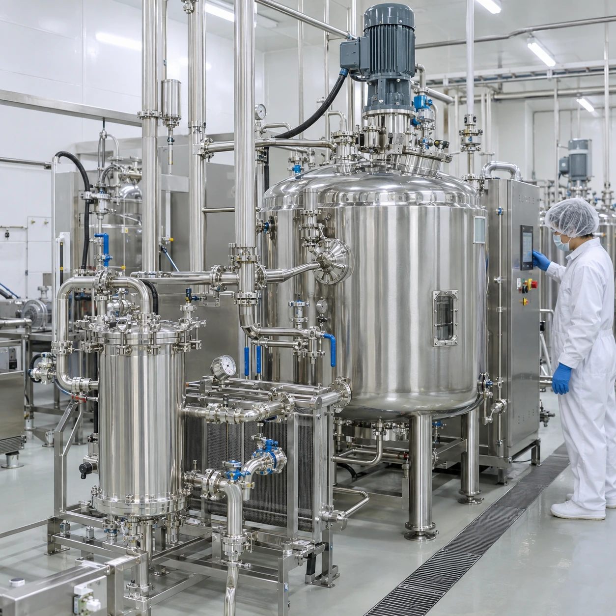 ステンレス製の抽出タンクと配管、作業員を描いた製造設備のイメージ