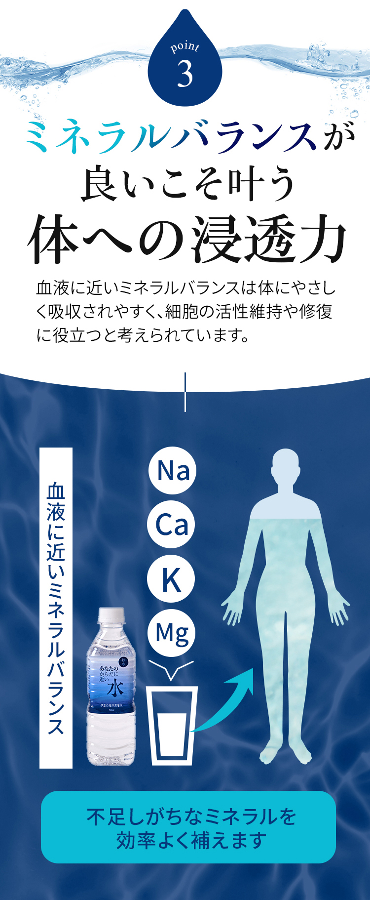 Point3 ミネラルバランスが良いこそ叶う体への浸透力 血液に近いミネラルバランスは体にやさしく吸収されやすく、細胞の活性維持や修復に役立つと考えられています。