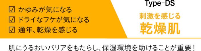 かゆみが気になる　ドライなフケが気になる　通年、乾燥を感じる　Type-DS　刺激を感じる　乾燥肌　肌にうるおいバリアをもたらし、保湿環境を助けることが重要！