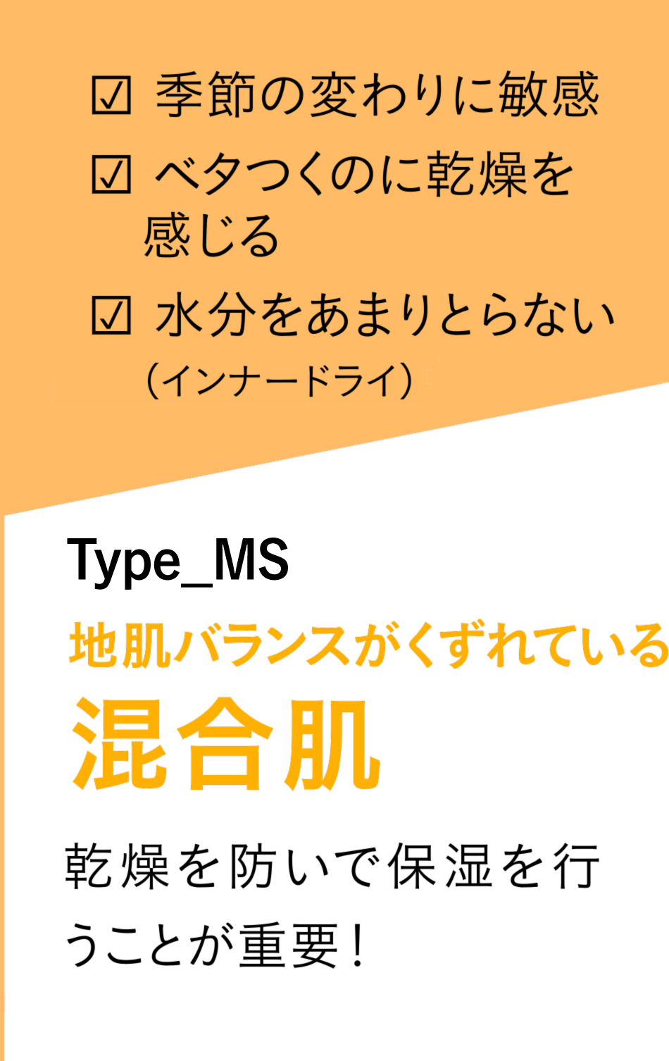 季節の変わりに敏感　ベタつくのに乾燥を感じる　水分をあまりとらない（インナードライ）　Type-MS　地肌バランスがくずれている　混合肌　乾燥を防いで保湿を行うことが重要！
