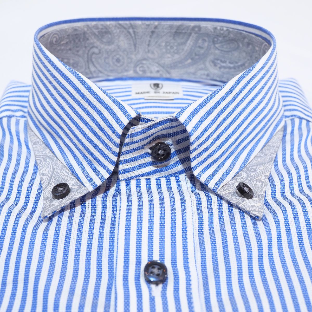 ブルー×ホワイトストライプ ペイズリー裏地 長袖シャツ｜ホワイト・M