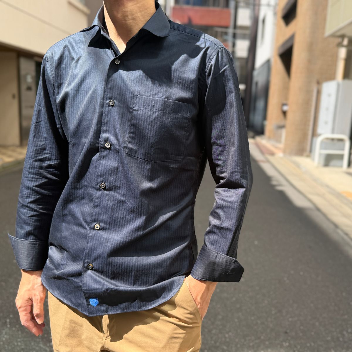 ワンピースカラーカジュアル長袖シャツ｜ネイビー・M