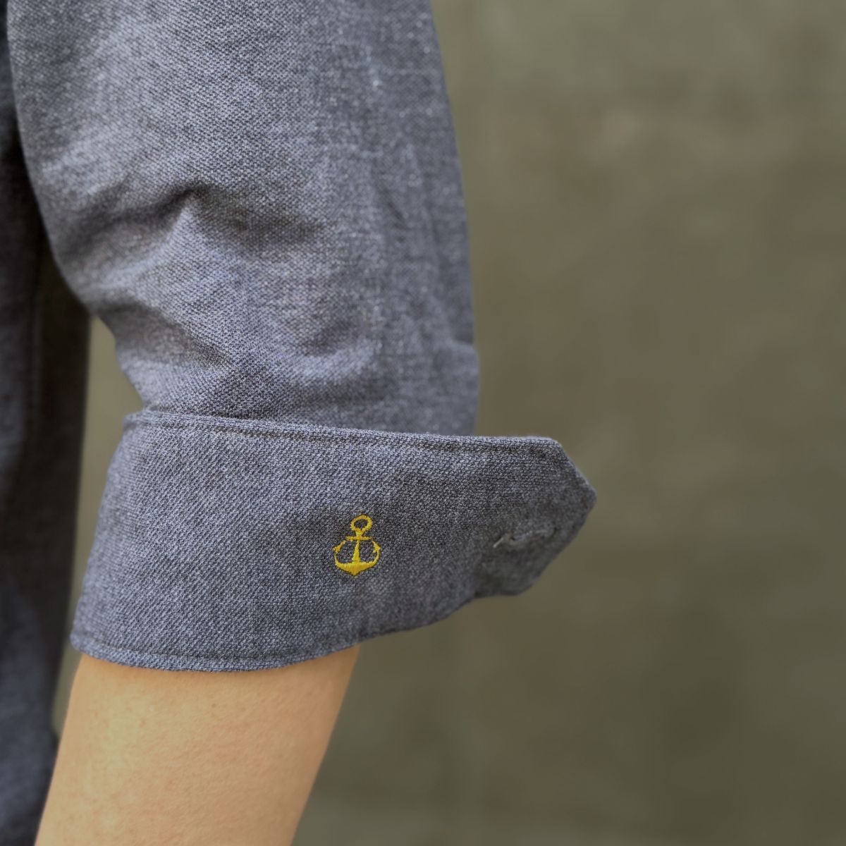 イカリ刺繍 カジュアル七分袖シャツ｜インディゴブルー・LLレギュラー
