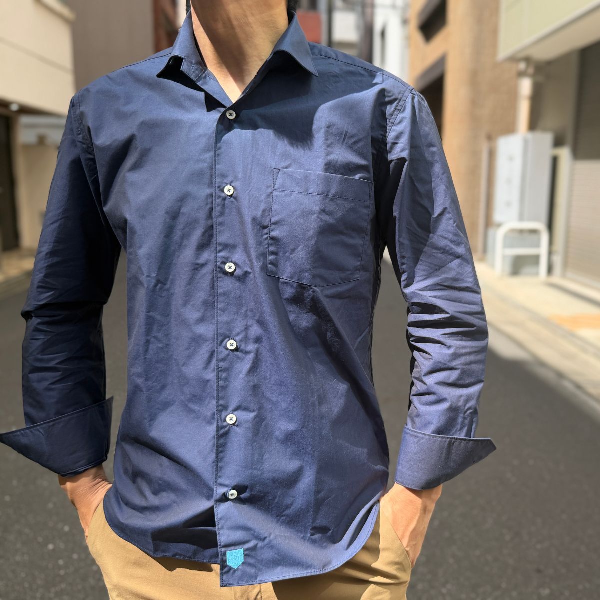ワンピースカラーカジュアル長袖シャツ｜ネイビー・LL
