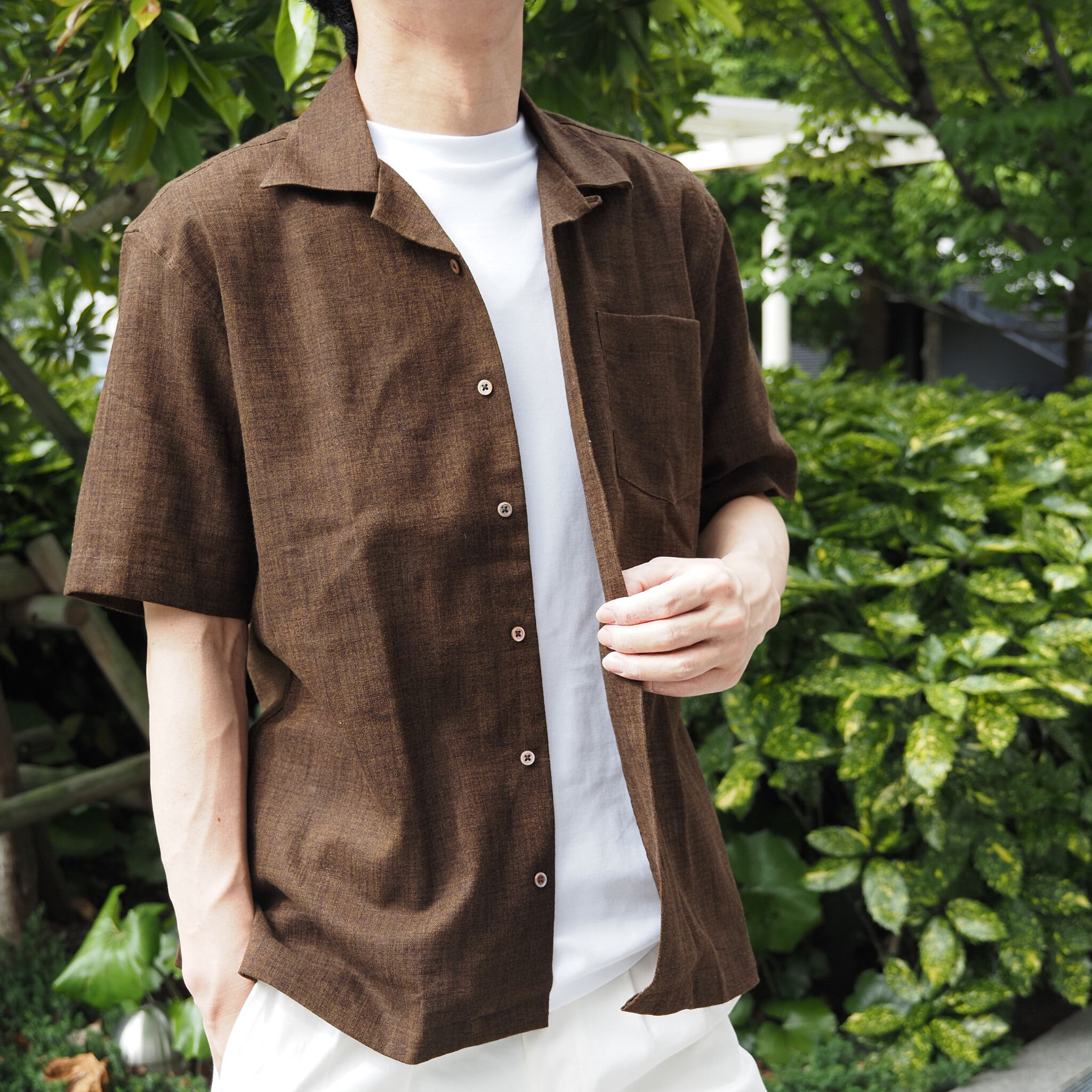 【開襟シャツ 半袖 M】 N325107 ブラウン