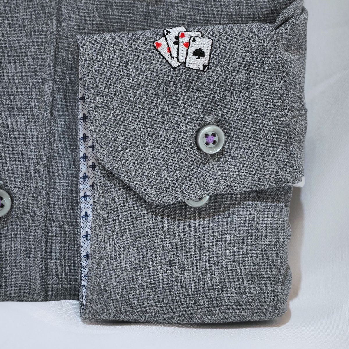 ノーアイロン メランジポリトランプ刺繍 カジュアル長袖シャツ｜チャコールグレー・3L