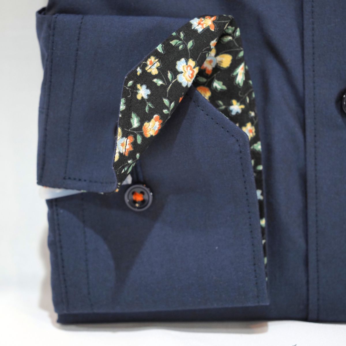左カフスネコ刺繍 長袖シャツ｜ネイビー・3L