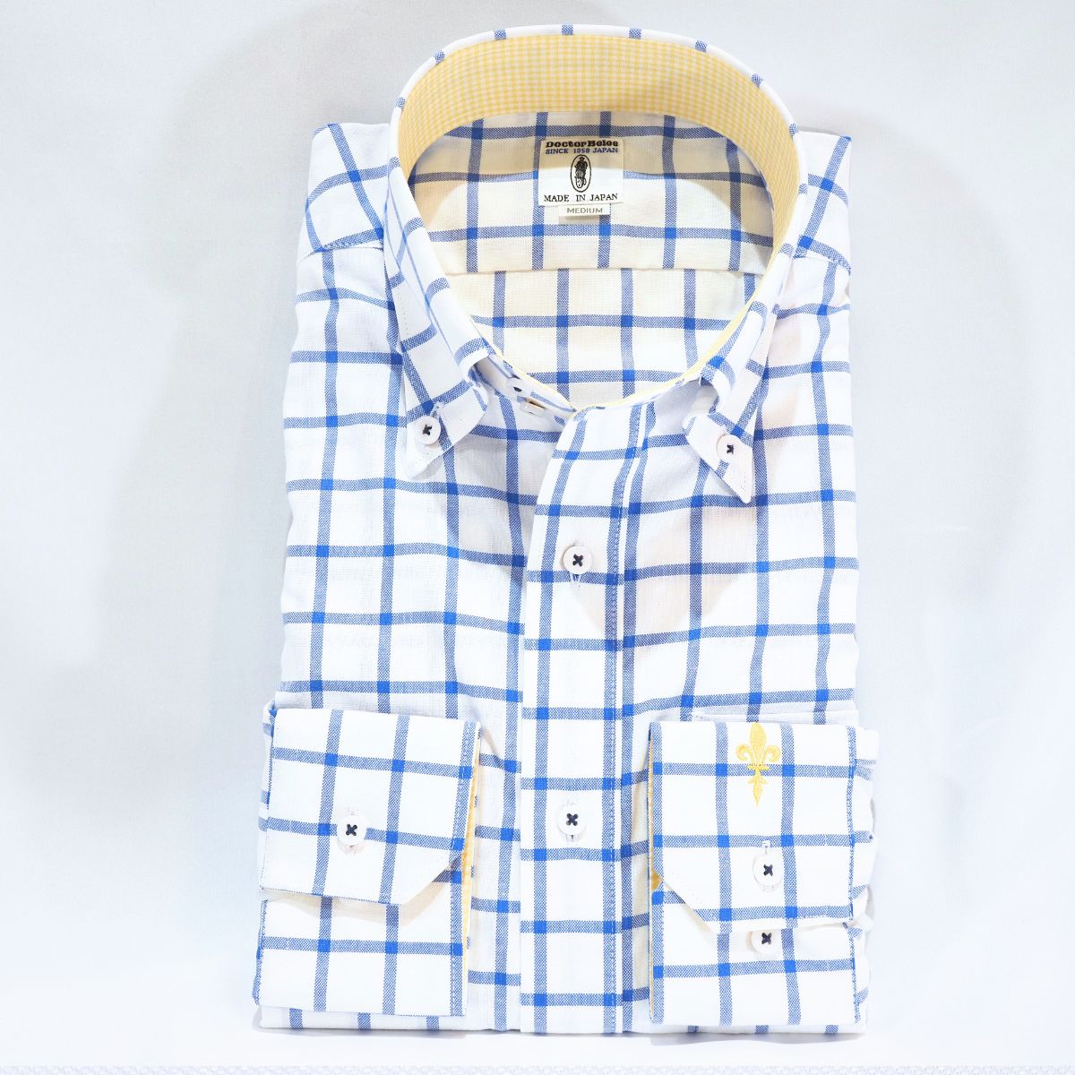 左カフスユリ刺繍長袖シャツ｜白×ブルー・M