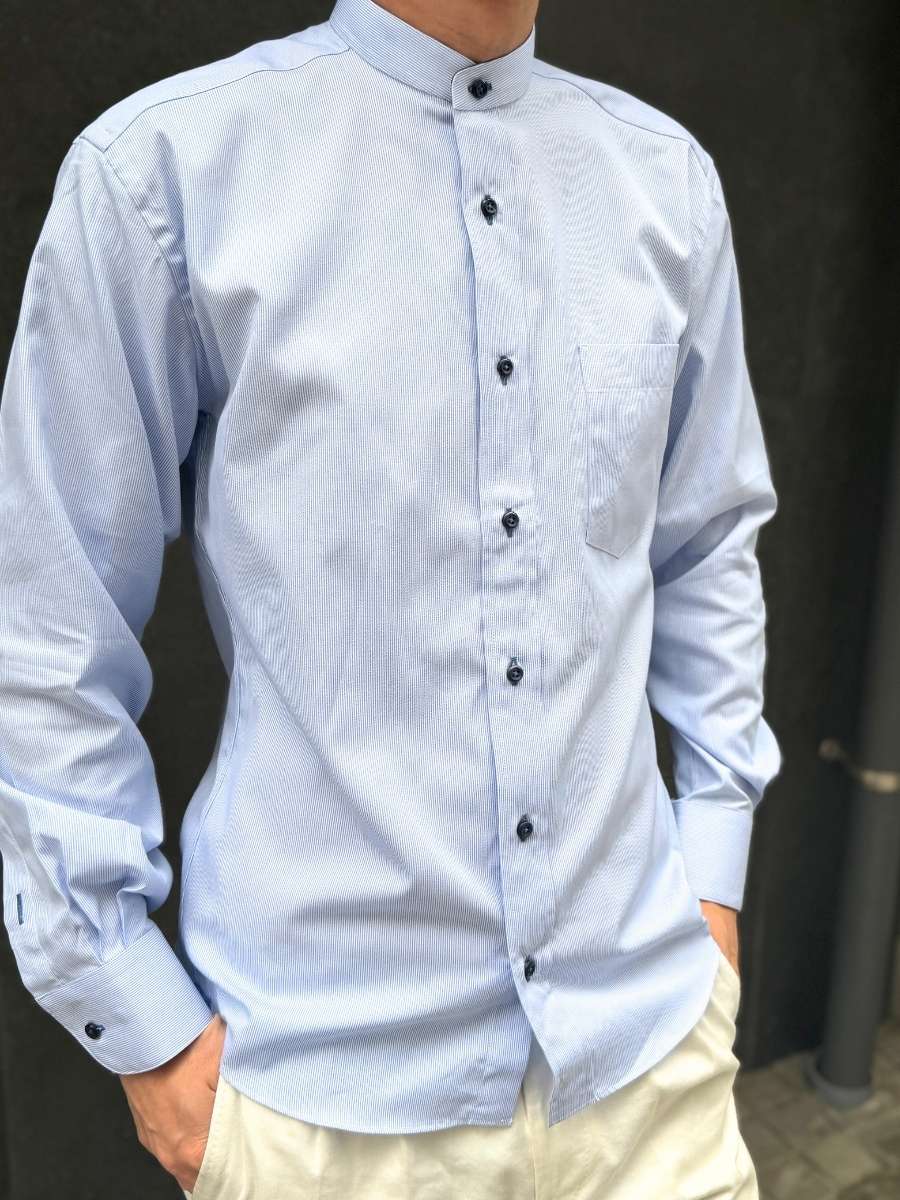 【スタンドカラー長袖 M】サックスストライプシャツ