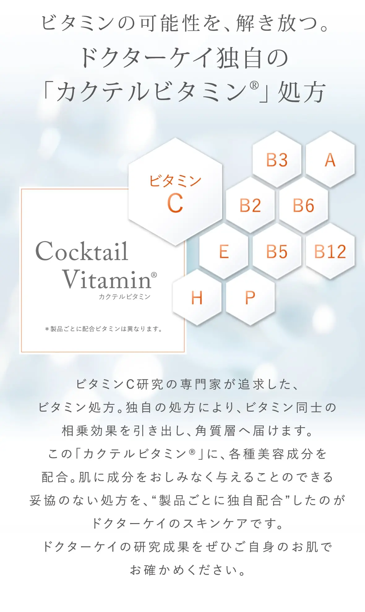 ビタミンの可能性を、解き放つ。ドクターケイ独自の「カクテルビタミン®」処方