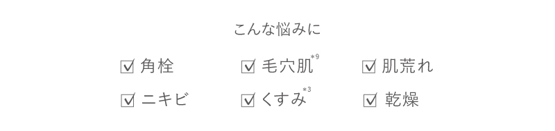 角栓・毛穴肌、肌荒れ、ニキビ、くすみ、乾燥