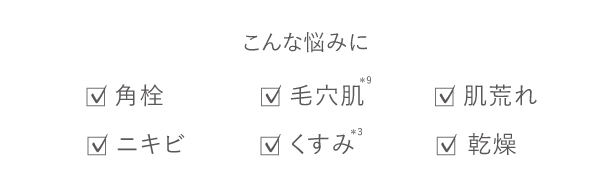 角栓・毛穴肌、肌荒れ、ニキビ、くすみ、乾燥