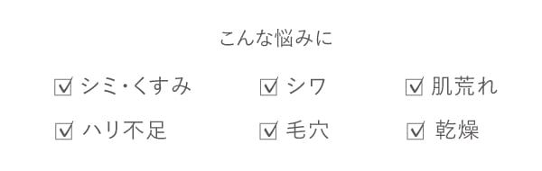 シミ・くすみ、シワ、肌荒れ、ハリ不足、毛穴肌、乾燥