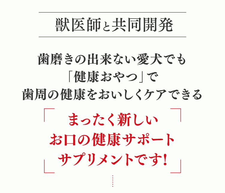歯磨きのできない犬でも「おいしい健康おやつ」で歯周病ケアできる全く新しい歯周病対策です!