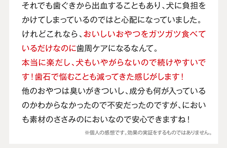 おいしいおやつをガツガツ食べているだけなのに歯周ケアになるなんて。