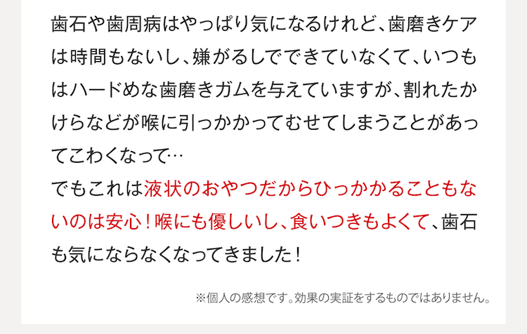 液状のおやつだからひっかかることもないのは安心!